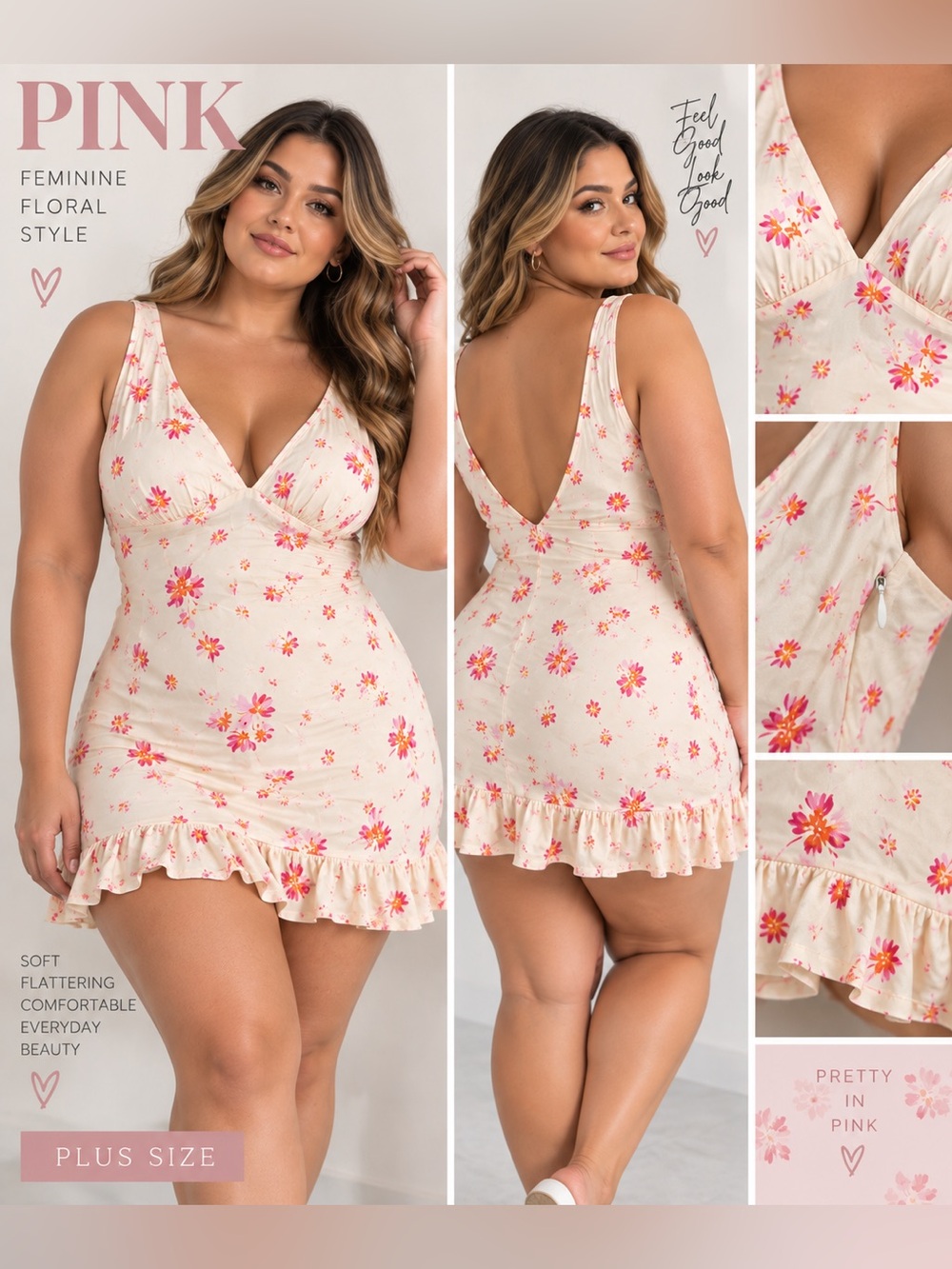 PINK Victoria's Secret Cream Floral Ruffle Chemise